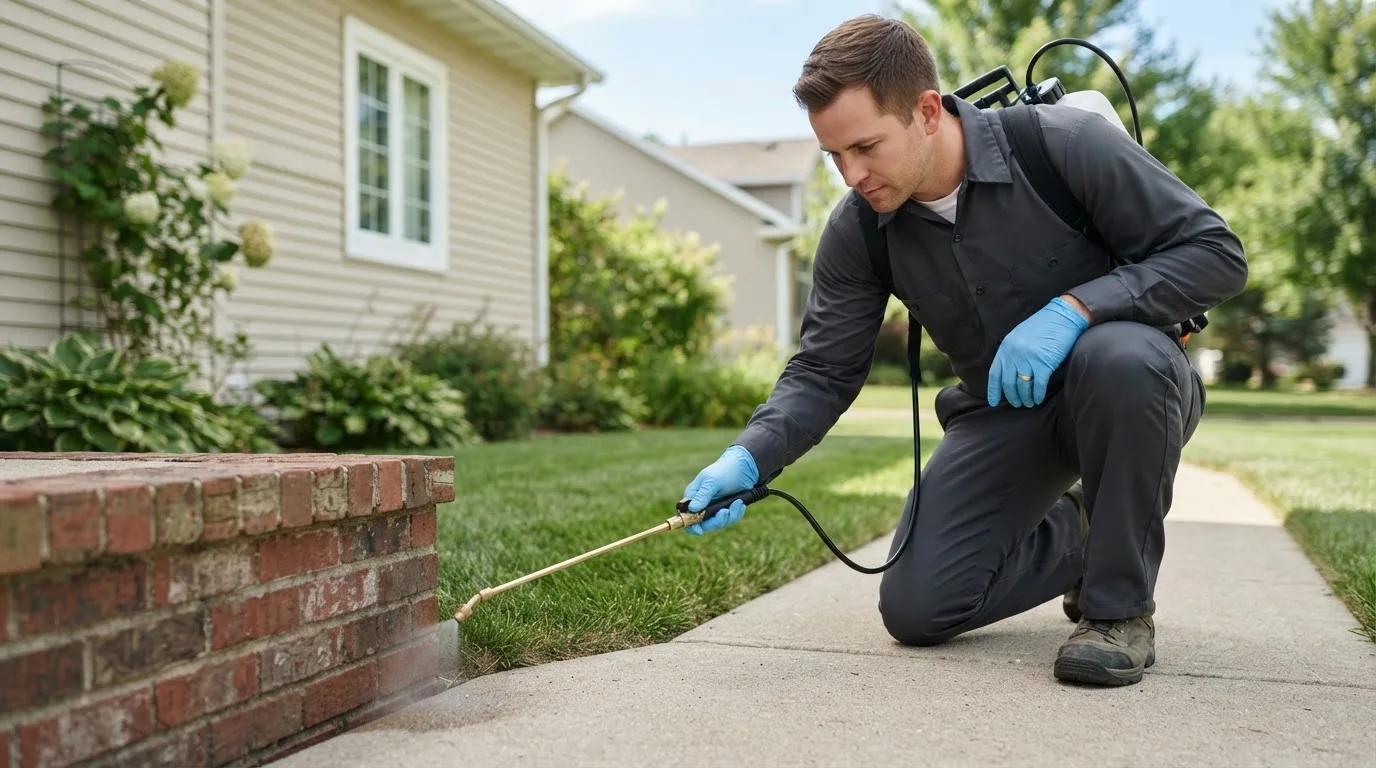Pest control technician treating a home near West Liberty, WV